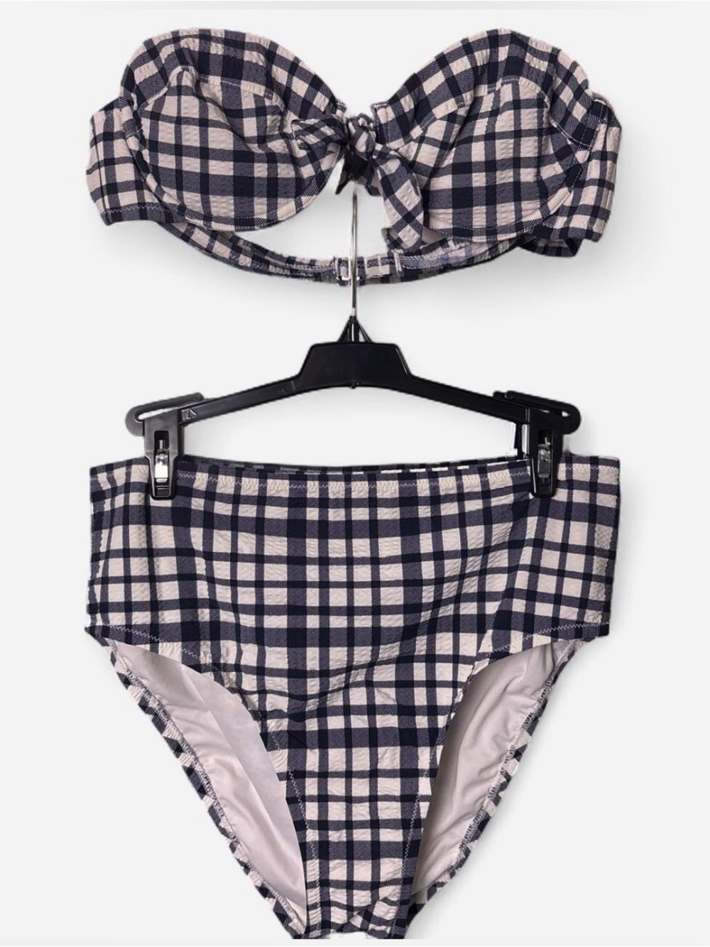 J. Crew Navy White Seersucker Gingham Bandeau Highwaisted Bikini Swimsuit 36B M